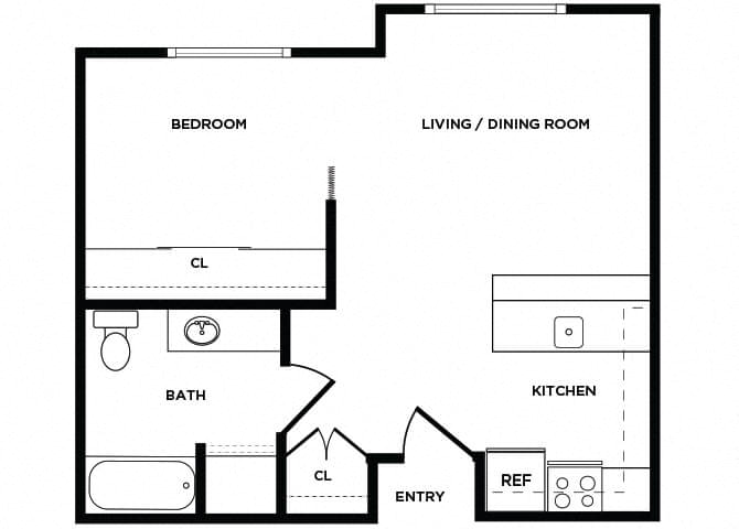 Floor plan for 1 bed, 1 bath, 532 sqft