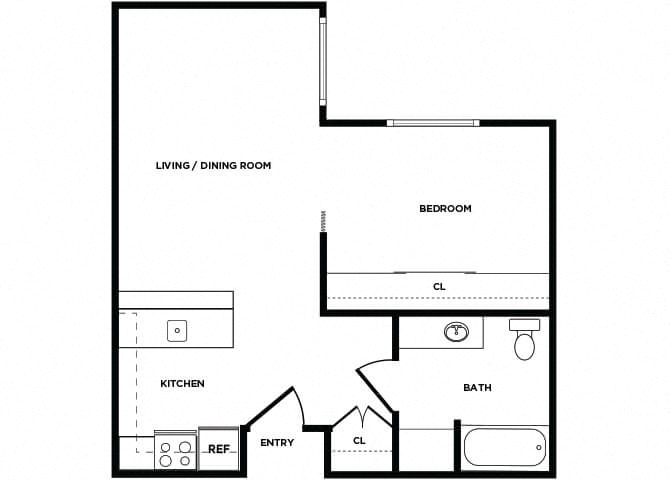 Floor plan for 1 bed, 1 bath, 555 sqft