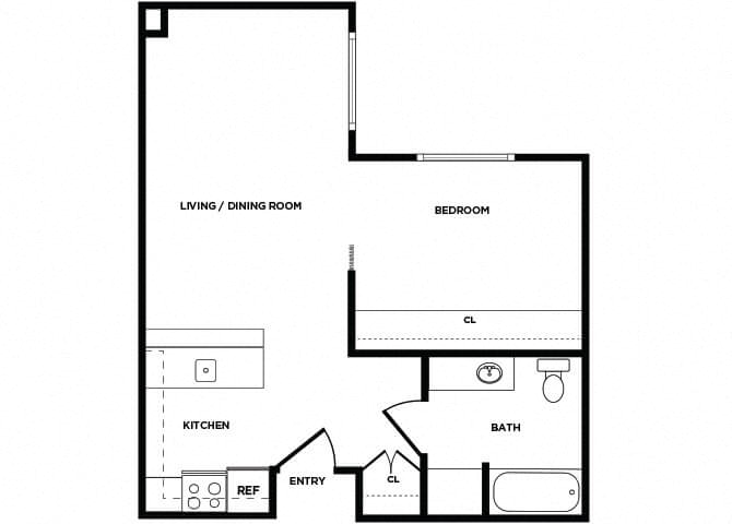 Floor plan for 1 bed, 1 bath, 565 sqft