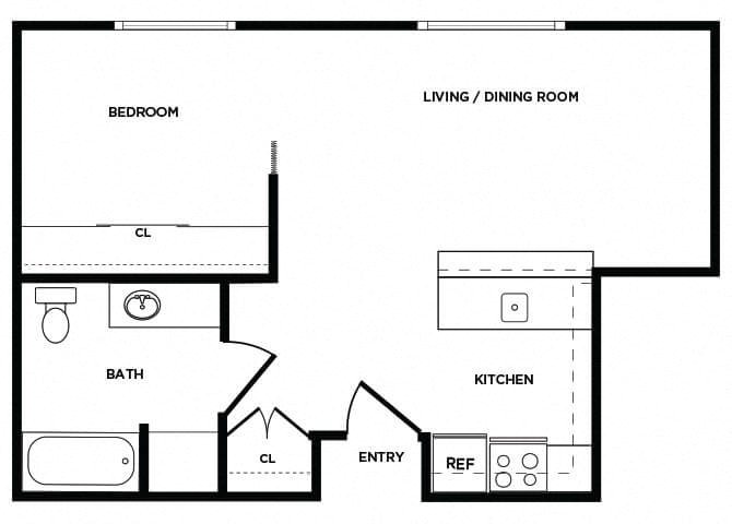 Floor plan for 1 bed, 1 bath, 587 sqft