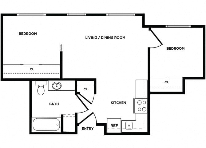 Floor plan for 2 beds, 1 bath, 563 sqft
