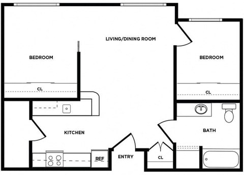 Floor plan for 2 beds, 1 bath, 668 sqft