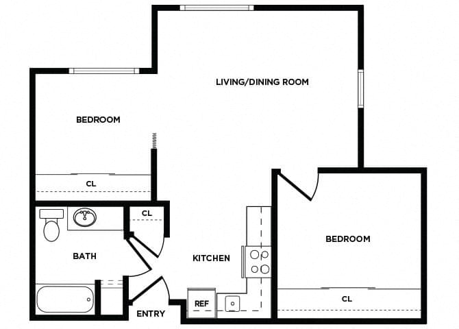 Floor plan for 2 beds, 1 bath, 678 sqft