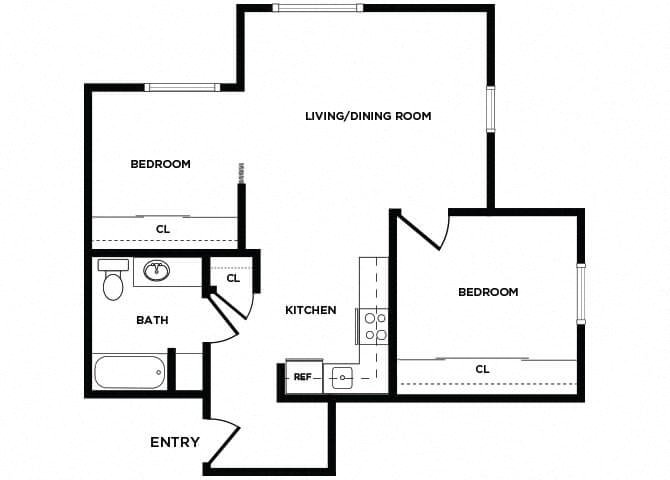 Floor plan for 2 beds, 1 bath, 702 sqft