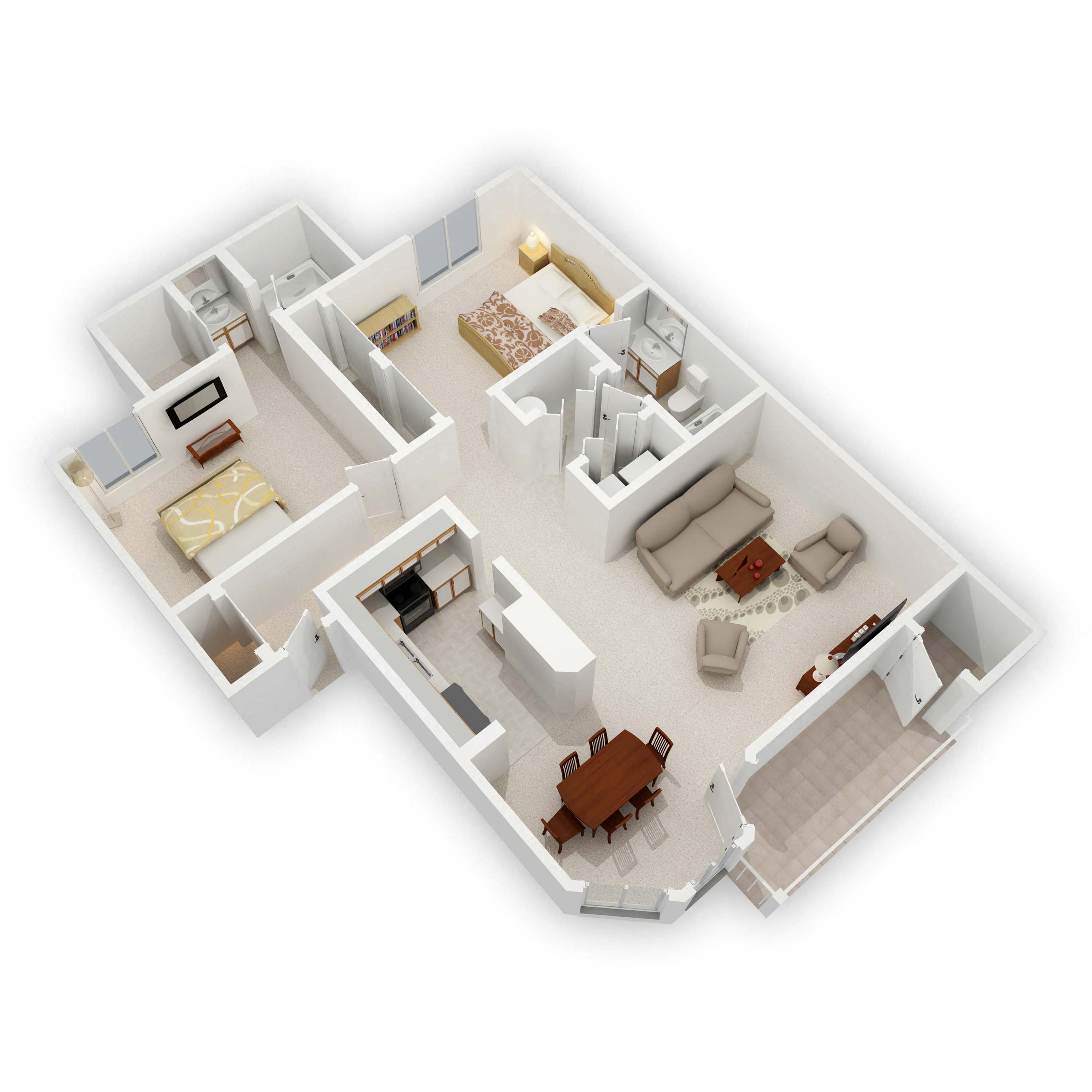 Floor plan for 2 beds, 2 baths, 1090 sqft
