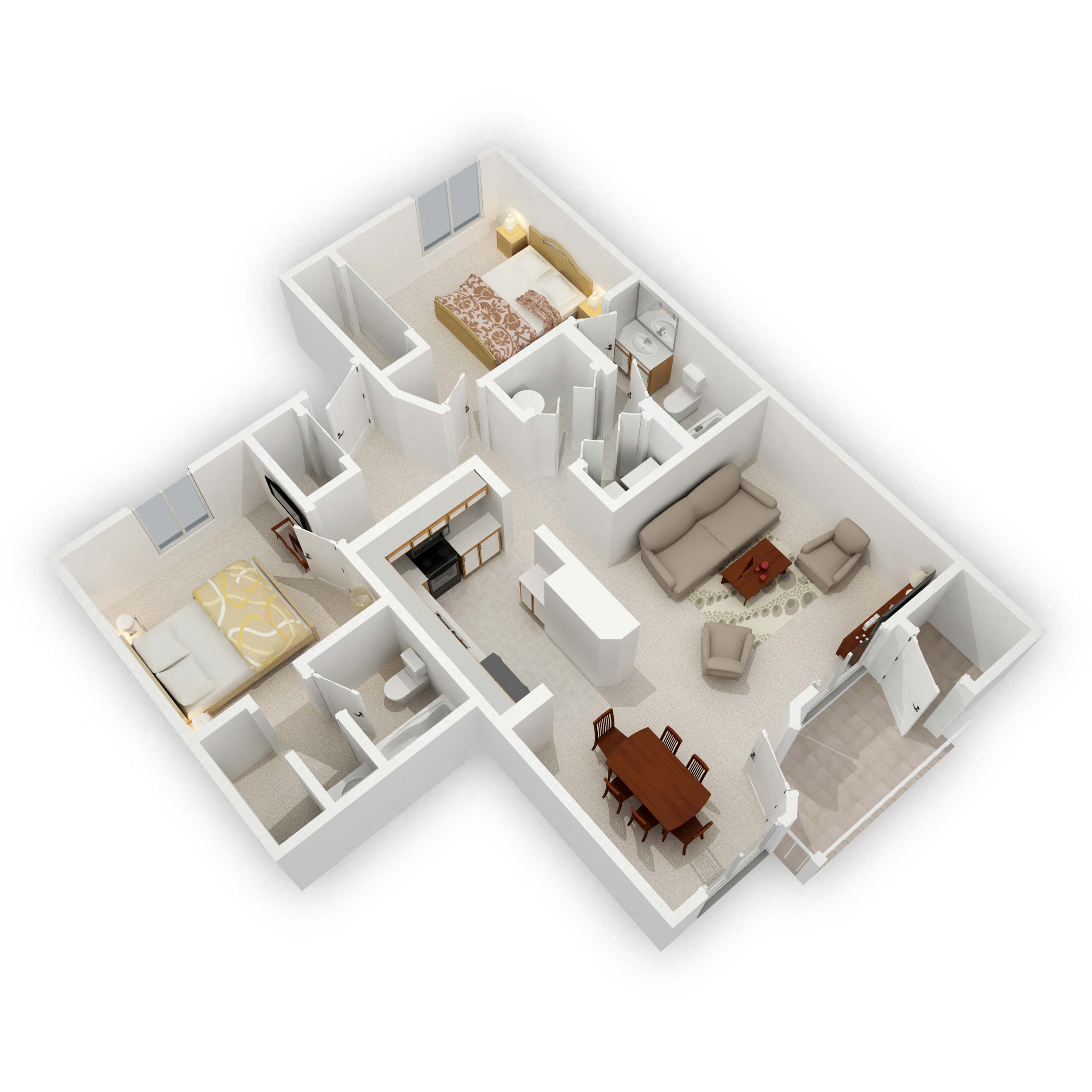 Floor plan for 2 beds, 2 baths, 1104 sqft