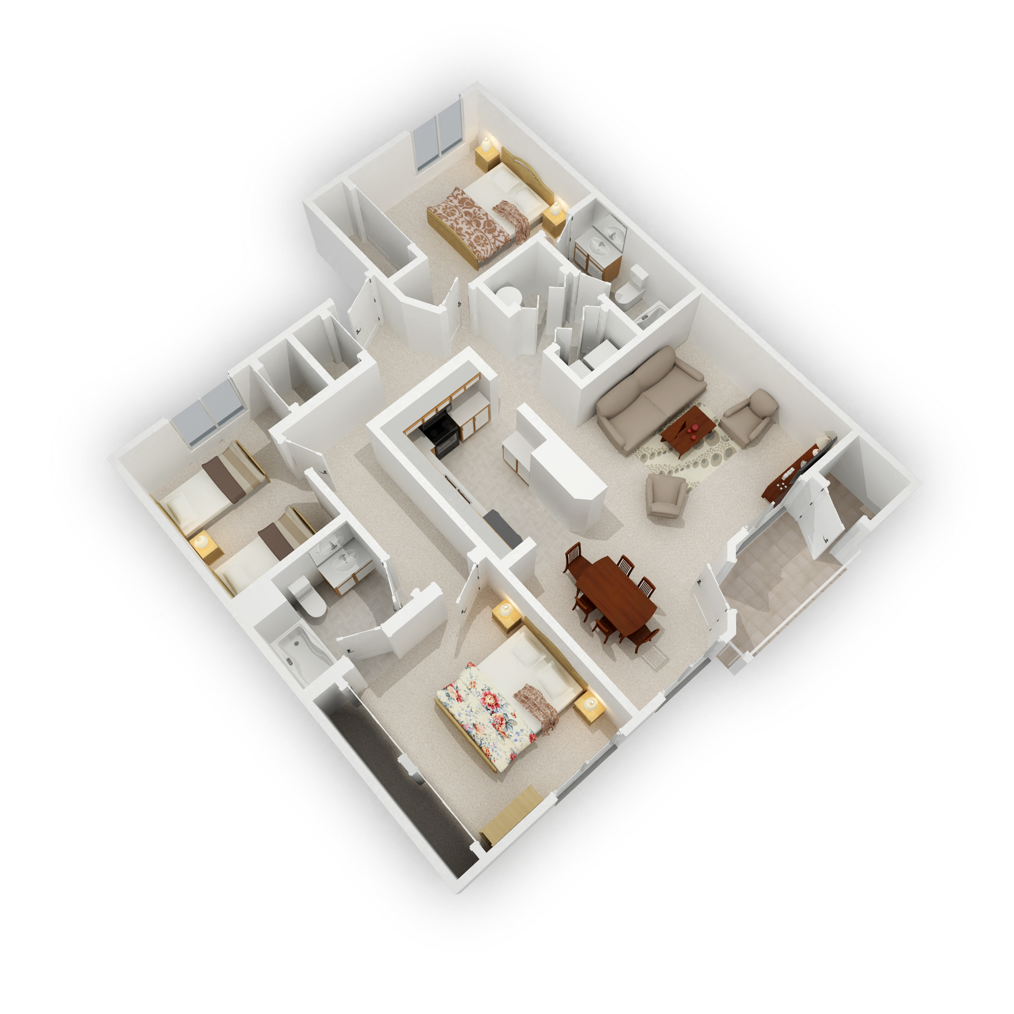 Floor plan for 3 beds, 2 baths, 1274 sqft