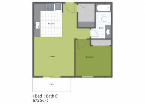 Floor plan for 1 bed, 1 bath, 675 sqft