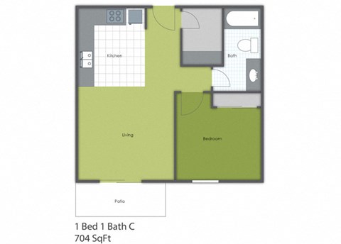 Floor plan for 1 bed, 1 bath, 704 sqft