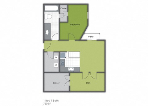 Floor plan for 1 bed, 1 bath, 750 sqft
