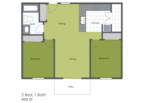 Floor plan for 2 beds, 1 bath, 898 sqft