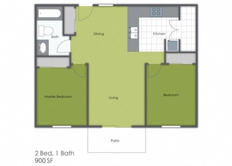 Floor plan for 2 beds, 1 bath, 900 sqft