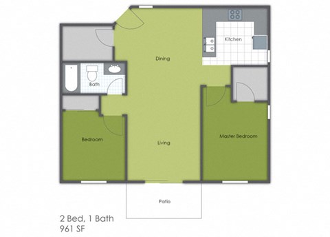 Floor plan for 2 beds, 1 bath, 961 sqft
