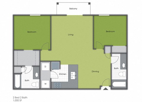 Floor plan for 2 beds, 2 baths, 1010 sqft