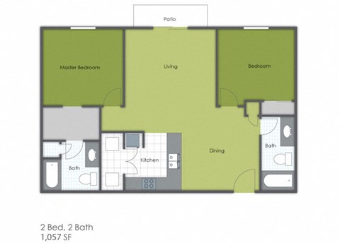 Floor plan for 2 beds, 2 baths, 1057 sqft