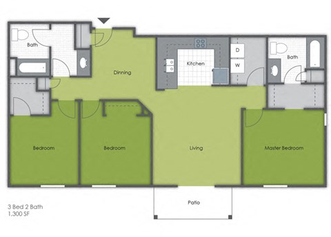 Floor plan for 3 beds, 2 baths, 1300 sqft