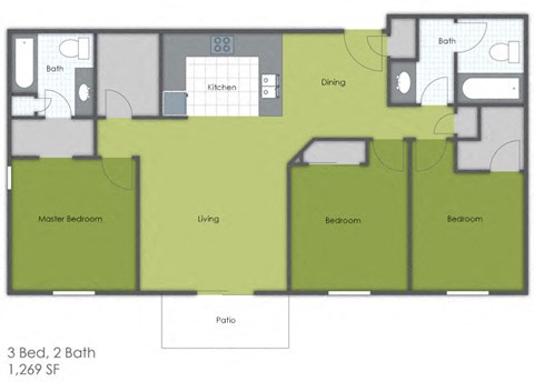 Floor plan for 3 beds, 2 baths, 1269 sqft