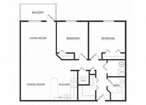 Floor plan for 2 beds, 1 bath, 1102 sqft