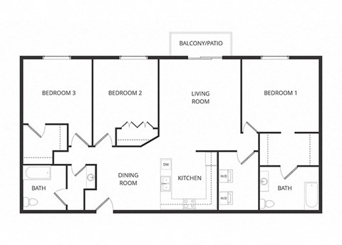 Floor plan for 3 beds, 2 baths, 1125 sqft