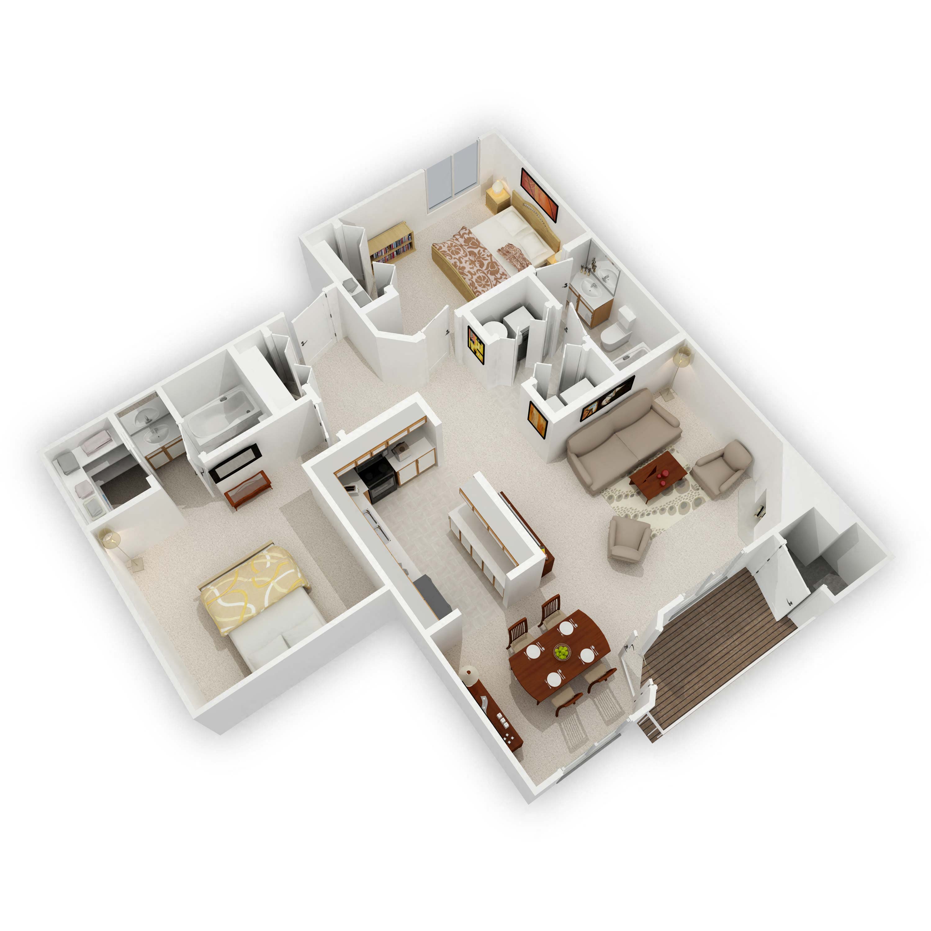 Floor plan for 2 beds, 2 baths, 1105 sqft
