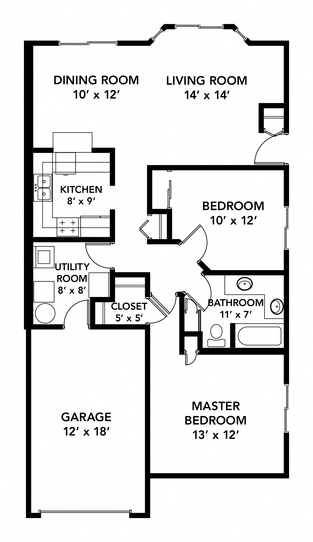 Floor plan for 2 beds, 1 bath, 985 sqft
