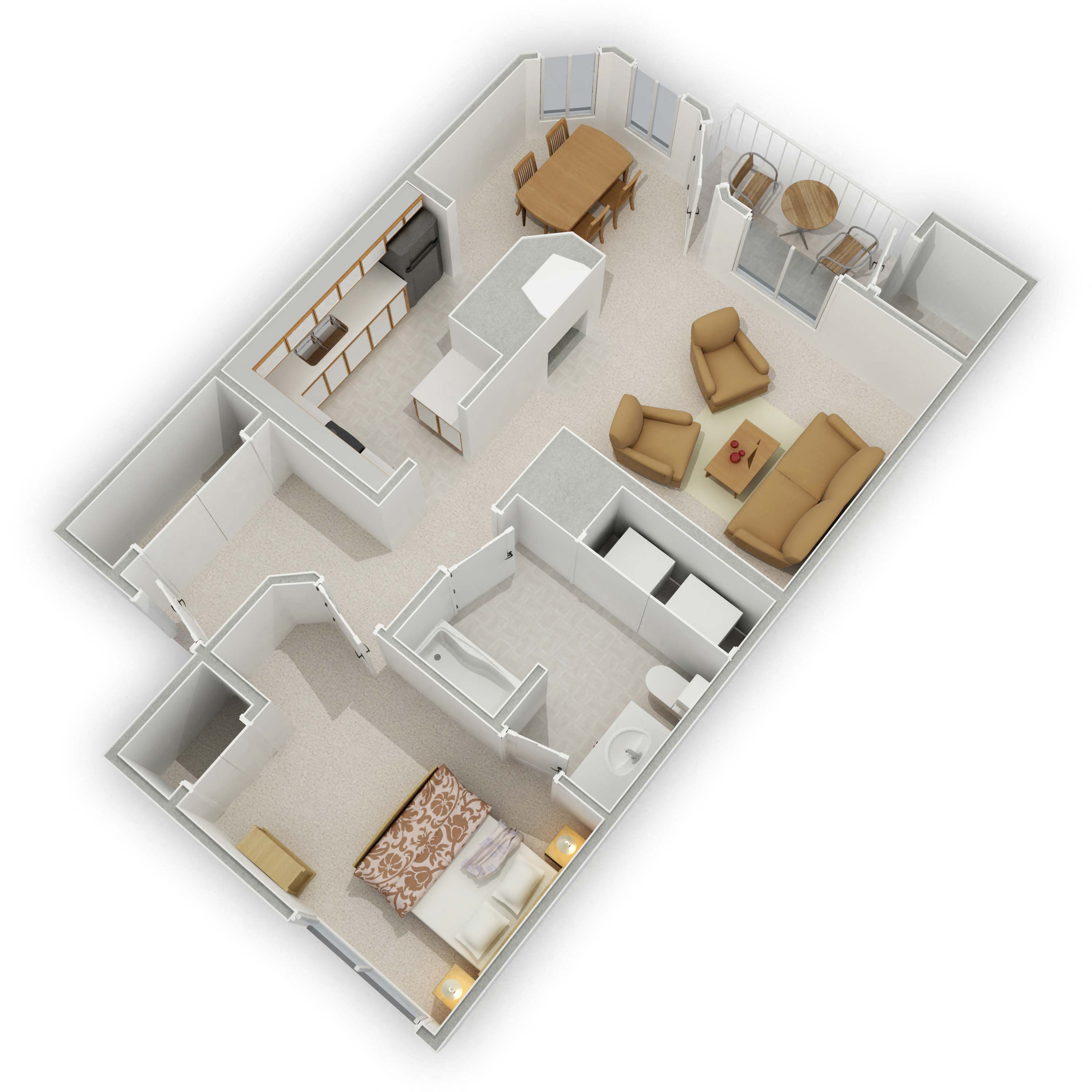 Floor plan for 1 bed, 1 bath, 852 sqft