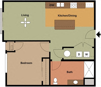 Floor plan for 1 bed, 1 bath, 690 sqft