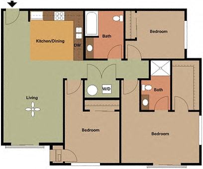 Floor plan for 3 beds, 2 baths, 1165 sqft