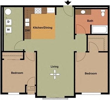 Floor plan for 2 beds, 1 bath, 1035 sqft