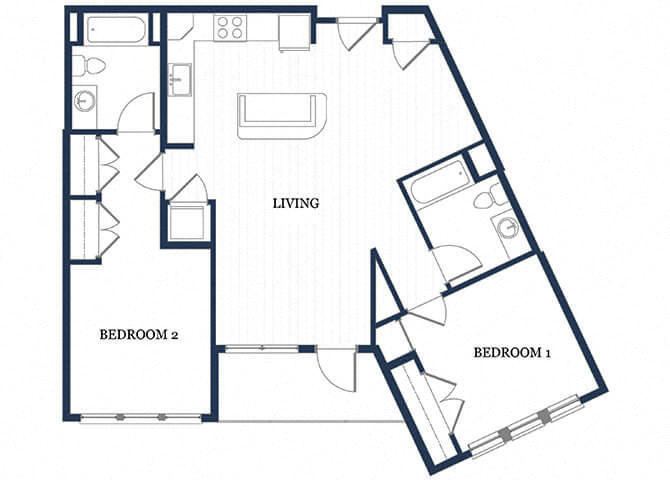 Floor plan for 2 beds, 2 baths, 1083 sqft