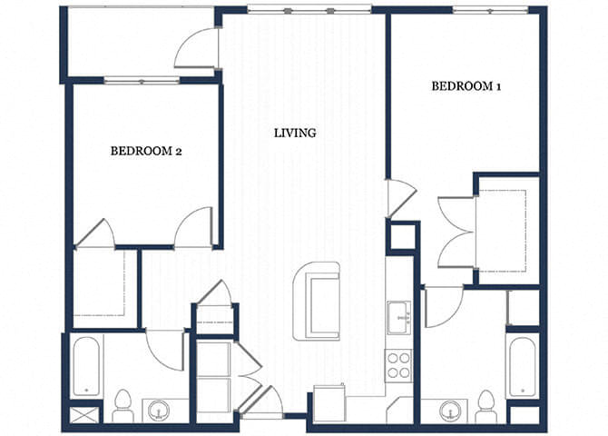 Floor plan for 2 beds, 2 baths, 1101 sqft
