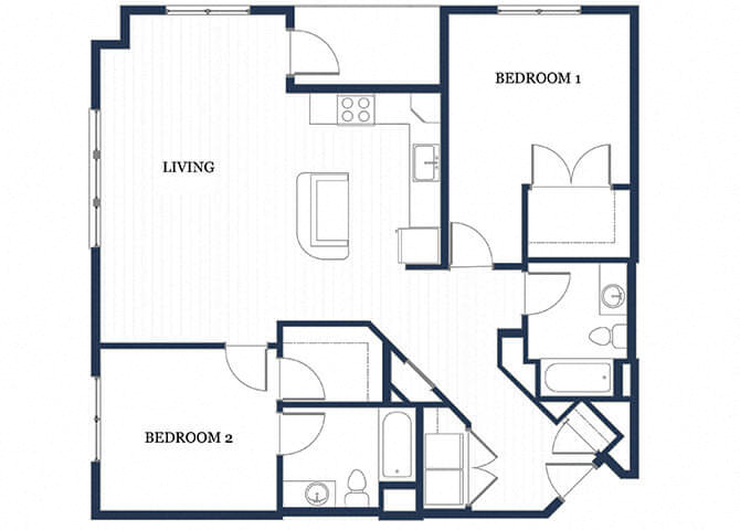 Floor plan for 2 beds, 2 baths, 1211 sqft