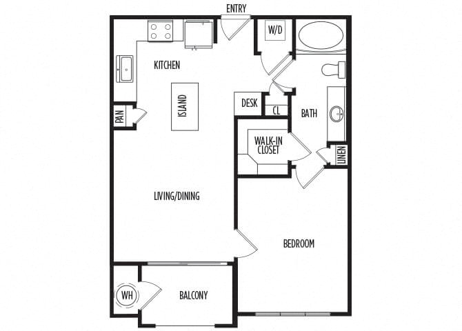 Floor plan for 1 bed, 1 bath, 650 sqft
