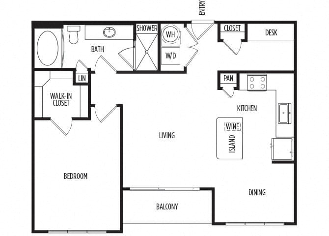 Floor plan for 1 bed, 1 bath, 838 sqft