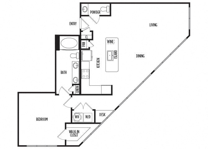 Floor plan for 1 bed, 1.5 baths, 1009 sqft