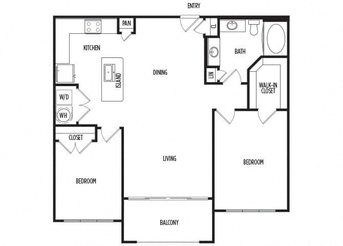 Floor plan for 2 beds, 1 bath, 1044 sqft