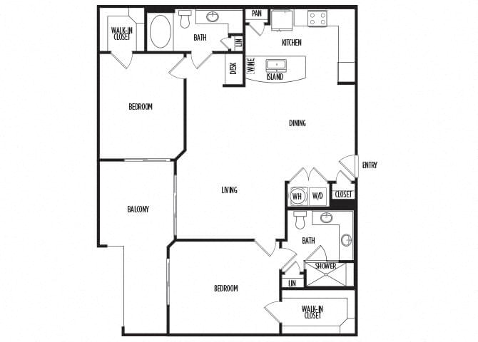 Floor plan for 2 beds, 2 baths, 1233 sqft
