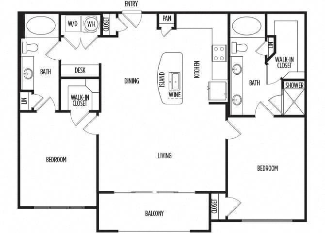 Floor plan for 2 beds, 2 baths, 1246 sqft