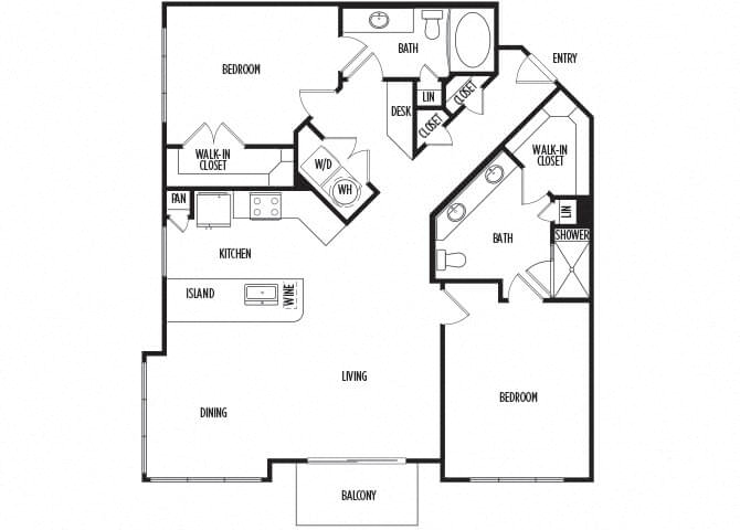 Floor plan for 2 beds, 2 baths, 1276 sqft
