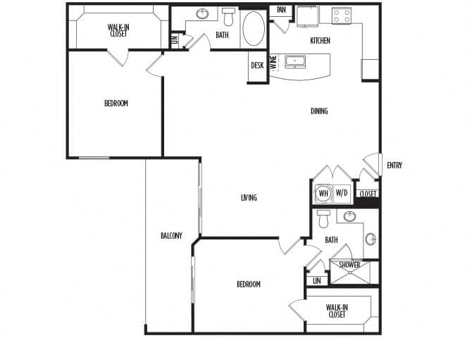 Floor plan for 2 beds, 2 baths, 1379 sqft