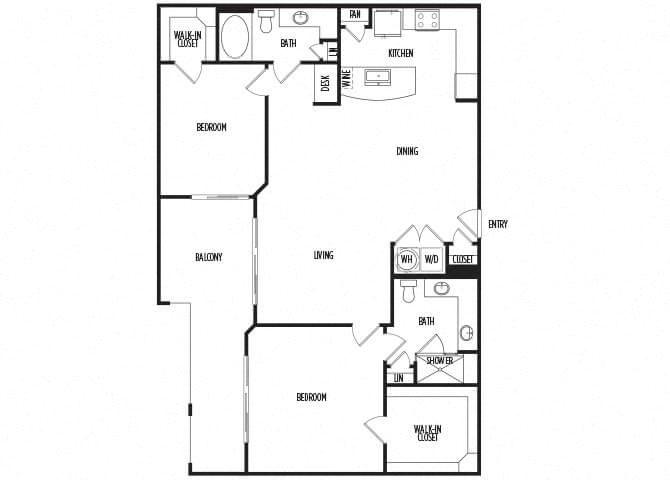 Floor plan for 2 beds, 2 baths, 1386 sqft