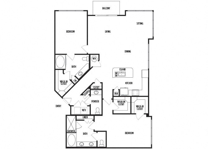 Floor plan for 2 beds, 2.5 baths, 1653 sqft