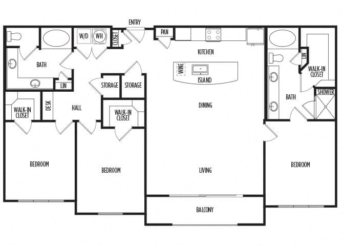 Floor plan for 3 beds, 2 baths, 1596 sqft
