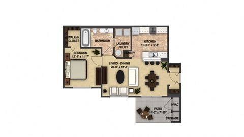 Floor plan for 1 bed, 1 bath, 753 sqft