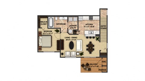 Floor plan for 1 bed, 1 bath, 814 sqft