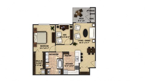 Floor plan for 1 bed, 1 bath, 906 sqft