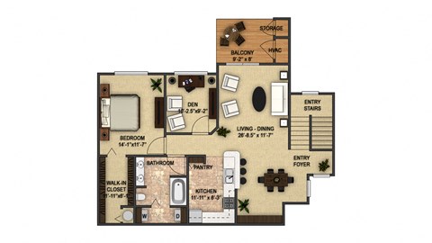 Floor plan for 1 bed, 1 bath, 1048 sqft