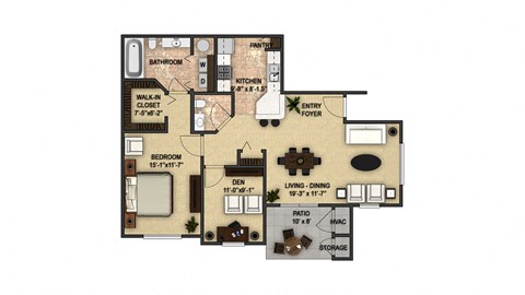 Floor plan for 1 bed, 1.5 baths, 998 sqft