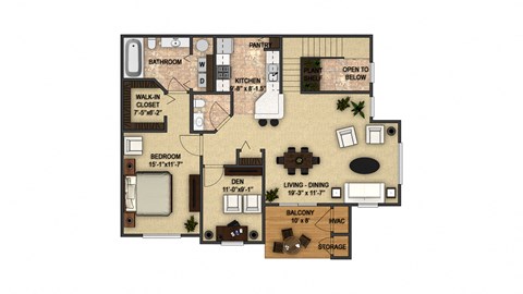 Floor plan for 1 bed, 1.5 baths, 1118 sqft