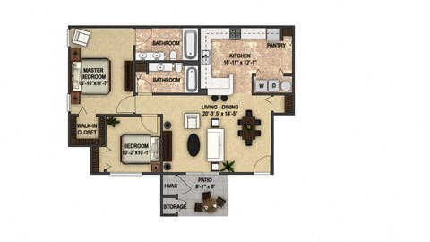 Floor plan for 2 beds, 2 baths, 1044 sqft